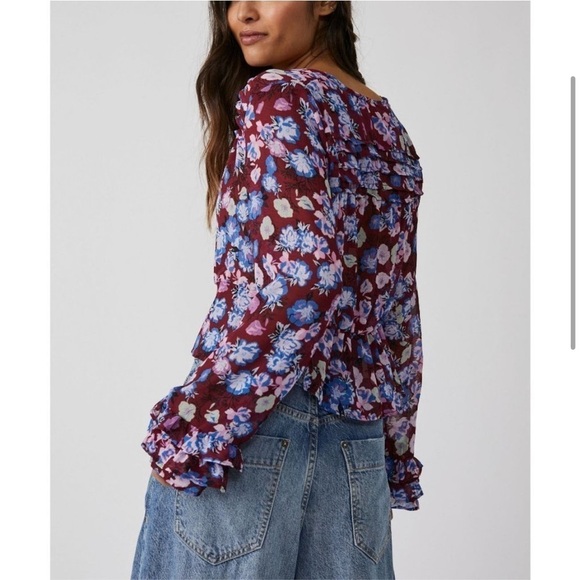 Free People Floral Maybel Blouse V Neck Long Sleeve Sheet Ruffle Shirt Womens M - Picture 2 of 8